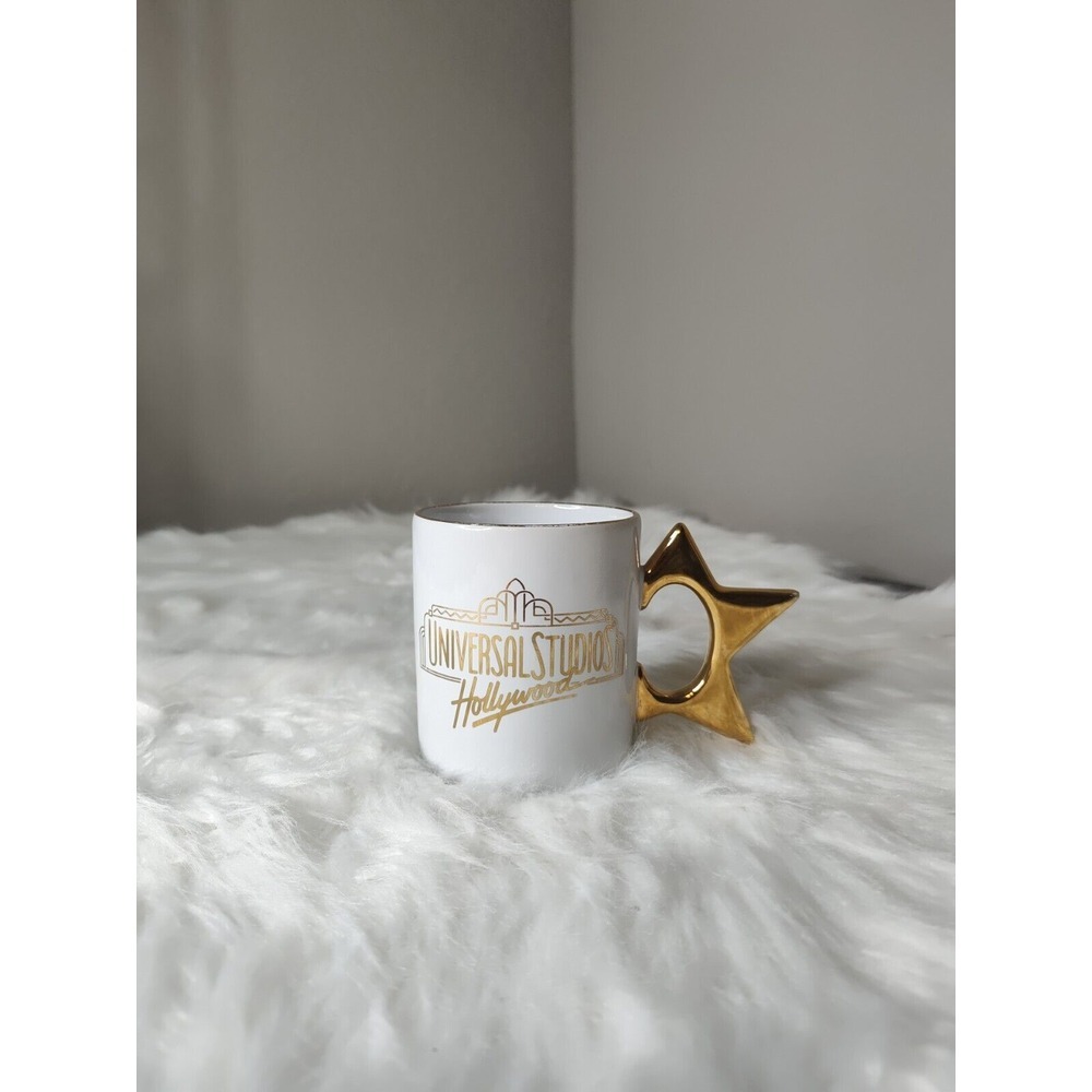 Universal Studios Hollywood White & Gold Tea Coffee Mug/Cup Star Handle